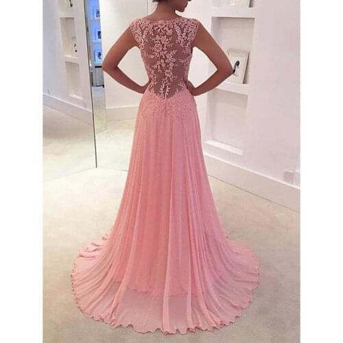 Sweet Pink Evening Dress V-Neck Appliques Sleeveless Evening Party Gowns Chiffion Lace A-Line Long Formal Dresses Robe De Soiree