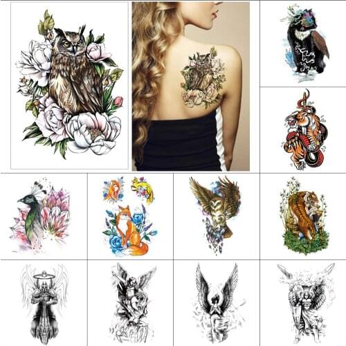 Waterproof tattoo sticker small size for Half an arm watercolour tiger cat flower bird black Feather Wings Fake tattoo 210*148mm