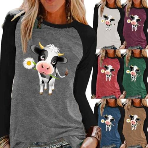 Autumn Fashion Ladies Casual Long-sleeved Clothing Round Neck Loose Cartoon Print Color Block T-shirt Oversized Womens T-shirt