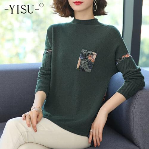 YISU Women Winter Sweater Turtleneck Pocket Winter tops Long sleeve printing Warm Casual Female Jumper Fashion Knitted pullover