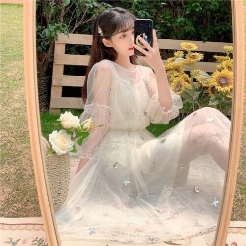 Sanishroly Two Pieces Set Spring Women Embroidery Sequined Lace Dress Puff Sleeve Mesh Dress Female Long Princess Vestidos C0136