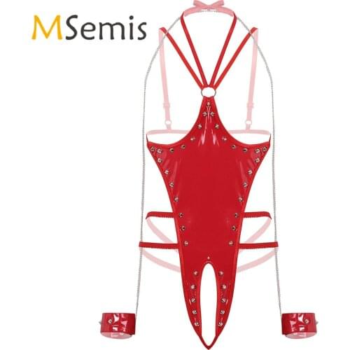 Womens Erotic Lingerie Wet Look Leather Halter Neck Bare Exposed Breasts Crotchless Thong Leotard Bodysuit with Chain Manacle