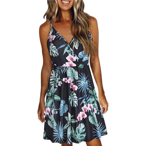 2021 Sexy Dress Vintage Women Summer V-Neck Strap Casual Floral Printing Swing Dress Spaghetti Strap Sleeveless Green Robe Femme