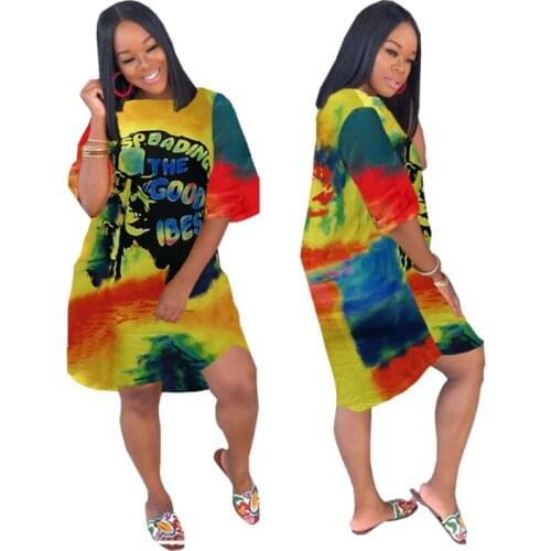 Large Size Mid Length Dress Fashion Hedging Round Neck Personalized Printing Loose Waist Casual Womens Wholesale Dropshipping