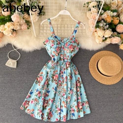 Vintage Button Boho 2020 Floral Print Spaghetti Strap Summer Short Dress Party Casual slim sexy A-Line Women Beach Holiday dress