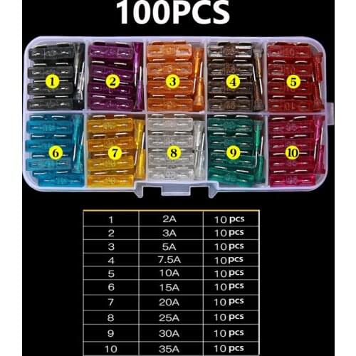 100/50Pcs Profile Small Size Blade Type Car Fuse Assortment Set Auto Car Truck 2.5/3/5/7.5/10/15/20/25/30/35A Fuse with Box Clip