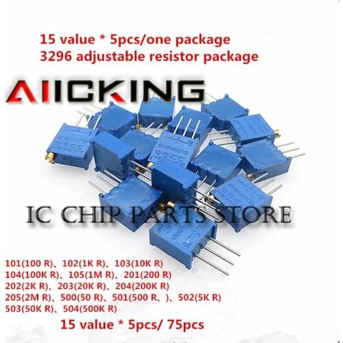 15Values*5pcs 3296W Component Package15 Common Resistance Values Each 5 Potentiometer Package 3296 Adjustable Resistance Packag