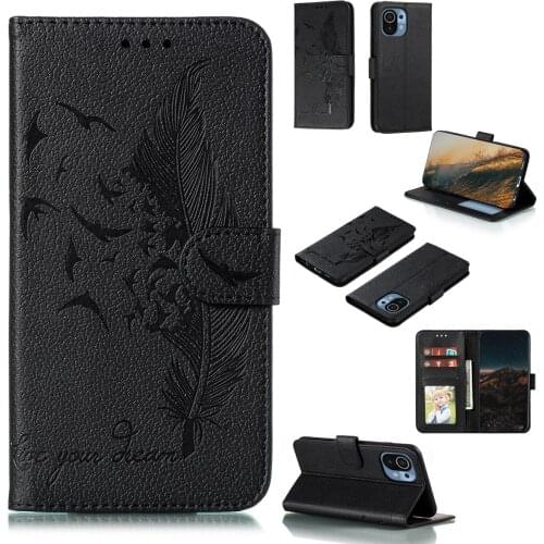 Feather Embossed Lychee Pu Leather Phone Case for Xiaomi 11 Card Slot Wallet Photo Frame Kickstand Back Cover