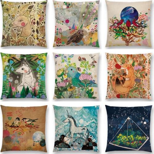 Floral Fantasy Fairy Tale Wonder World Dreamscape Animals Deer Bird Fox Unicorn Owl Flowers Cushion Cover Sofa Throw Pillow Case