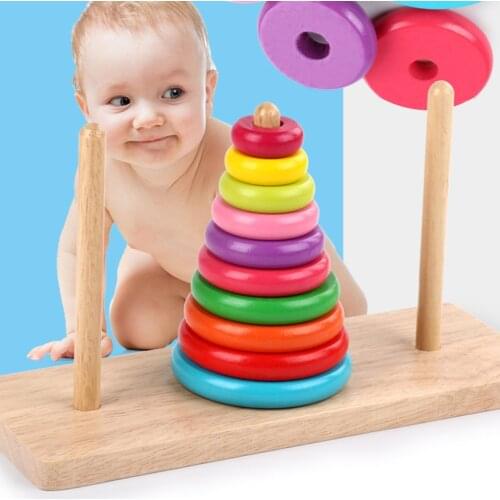 10 Rings Tower of Hanoi Wooden Brain Teaser Puzzle, Early Education Children Toys Hanoi Tower Wood Puzzle Toy Brain Teasers