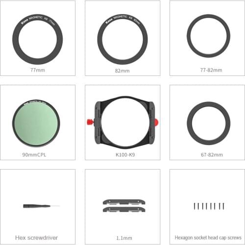 Kase K100-K9 Filter Holder with 90mm Magnetic CPL Filter & 67mm 72mm 77mm 82mm Adapter Ring kit