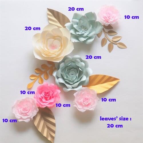 Giant Paper Flowers Backdrop Artificial Handmade Crepe Paper Rose 7PCS + 5 Leaves For Wedding & Party Deco Home Decoration