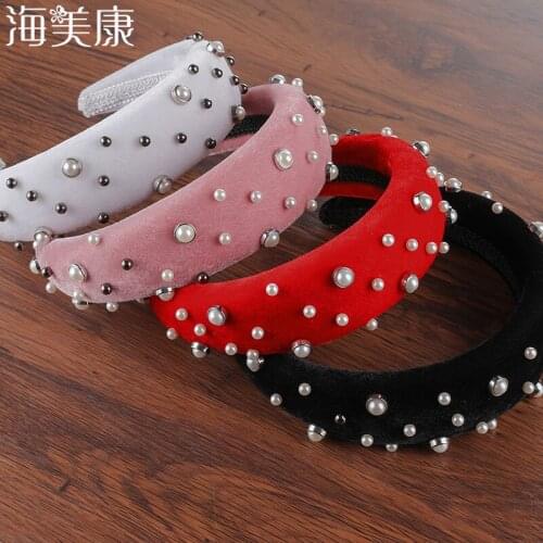 Haimeikang Pearl Headband Special Design Pearl Stone Velvet Hairbands Handmade Women Crown Sponge Thick Head Hoop for Girls