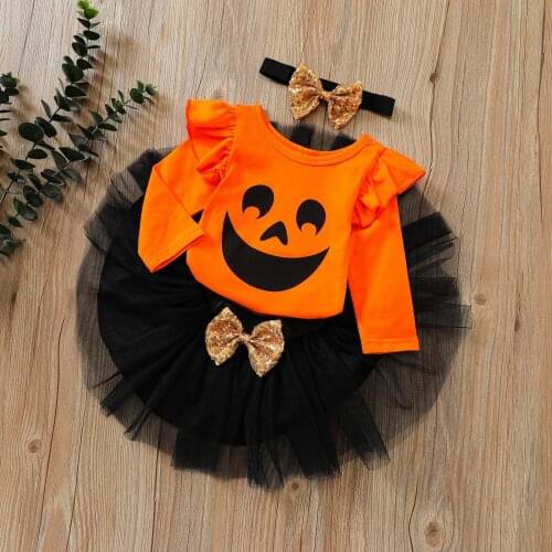 2021 Halloween Party Baby Girls Clothes Sets 3Pcs Infant Long Sleeve Romper Tops + Tutu Skirt + Headband Toddler Outfit