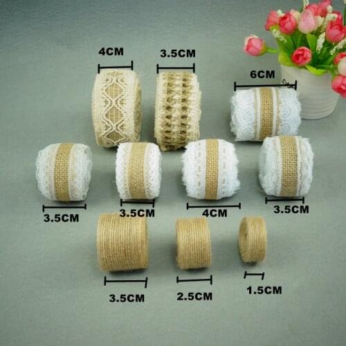 10pcs X 2meters Jute Burlap rolls Hessian Ribbon with Lace rustic vintage wedding decoration DIY table wedding accessories