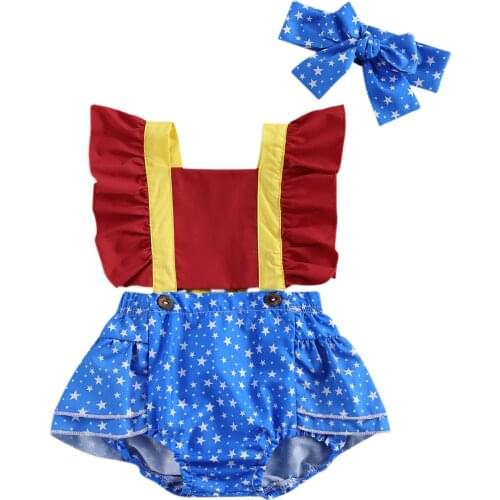 2Pcs Baby Girls Summer Clothes, Ruffle Sleeve Star Print Romper Bodysuit with Headband Set