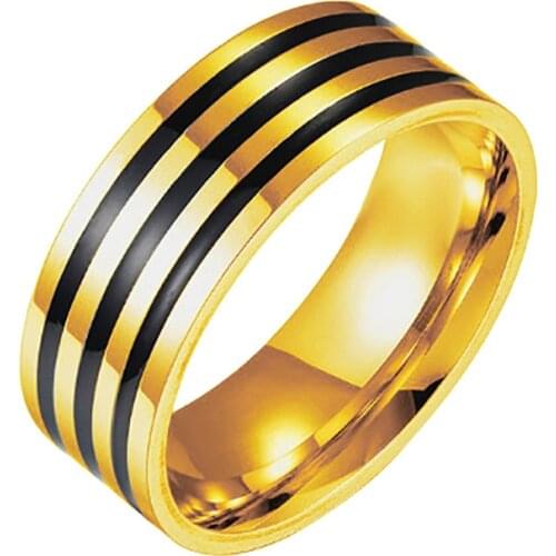 Fashion 8MM Mens Punk Ring Stainless Steel Groove Black Stripe Ring Wedding Ring Domineering Mens Jewelry