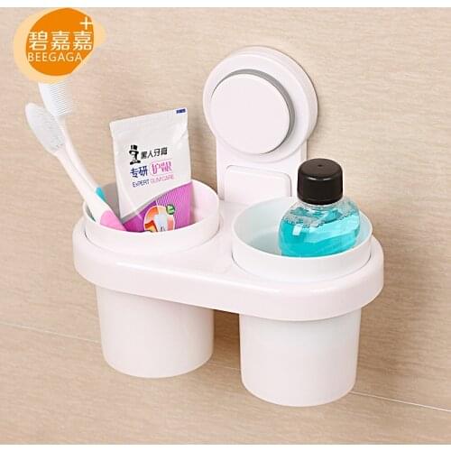 Powerful Suction Toothpaste Toothbrush Glass Holder with 2Pcs Plastic Tooth Cups Wall Mount Standing Storage Hanger