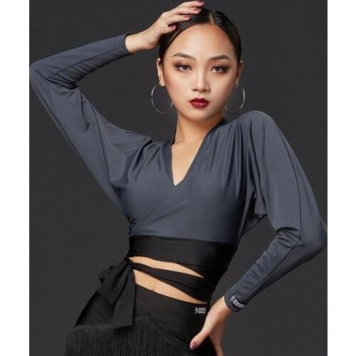 New Latin Dance Shirts Ladies Sexy V-Neck Long Sleeve Tops Samba Salsa ChaCha Tango Dancing Practice Performance Wear DN6593