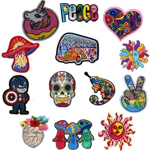 Rainbow Horse Mushroom Love Peace Badges Iron On For Clothes Hand Sun Heart Skull Patches For Kids Women T-shirt Decoration