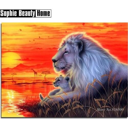 DIY Diamond Embroidery 5D Crystals Diamond Mosaic Lions Water In Sunset Diamond Painting Cross Stitch Rhinestones Gift 187210