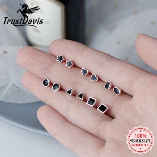 Trustdavis 925 Sterling Silver Fashion Black Star Square Heart Triangle Round Glaze Stud Earrings Gift For Girls Kids Lady DT14