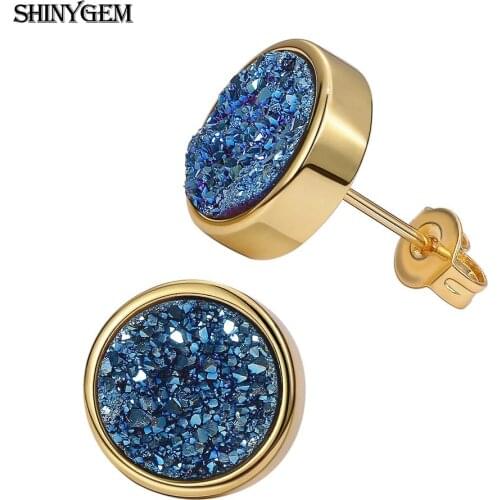 ShinyGem Fashion 10*10mm Round Sparkling Crystal Druzy Stud Earrings Lovely Multicolor Geode Gem Stone Earrings For Women Gifts