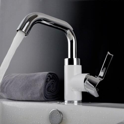 Bathroom Faucet Grilled white paint Chrome Finish Solid Brass Hot and Cold Basin Sink Faucet Mixer Tap Single Handle side