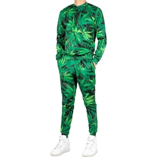 UJWI Casual Streetwear Sweatshirt And Pants Feuille 3d Green Hemp Leaf Weed Crewneck Hoodie Pullovers Men/Women Tracksuit