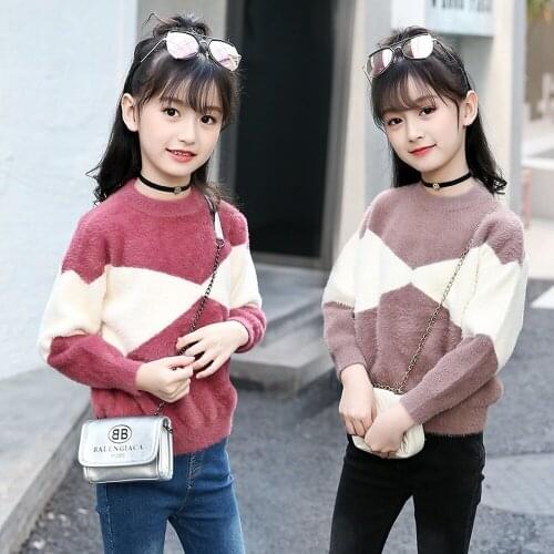 Girls Sweater 2020 Thick Plush Mink-like Contrasting Color Fashion Pullover Undershirt Sweater Baby Girls Clothes Winter Tops
