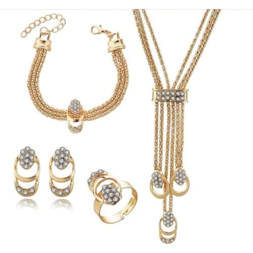 Szelam Hot Sale Gold Bracelets Rings Earrings Necklaces Rhinestone Jewelry Set For Women SET190009