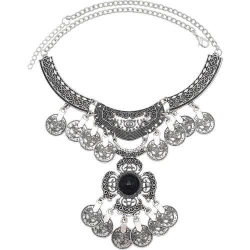 Bohemian Tibetan Sapphire Gem Coin Tassel Red Bead Tassel Pendant Necklace Ladies Party Wedding Fashion Jewelry