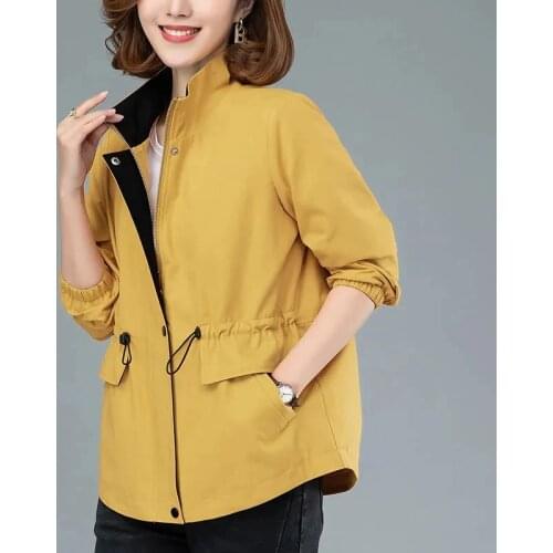 Women Windbreaker 2021 Autumn Korean Stand-Collar Zipper Short Jacket Loose Large Size Drawstring Female Windbreaker Coat Lining