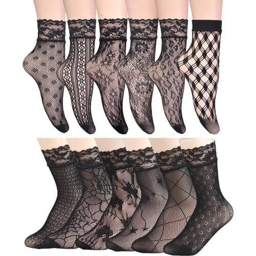 Vintage Lace Ladies Socks Summer Floral Mesh Elastic Transparent Short Ankle Socks Lolita Women Dress Fishnet Black Socks Female