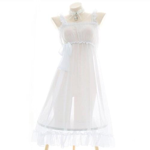 Japanese Sexy Semi-permeable Chiffon Pajamas Girls Solid White Sweet Bowknot Sleeveless Private Nightdress Cosplay Maid Dress