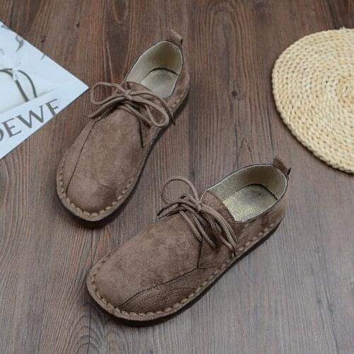 Literary Mori Lace-Up Suede Soft Sole Single Shoes Casual Students Wild Flat Shoes Japanese Hand-Stitched Low-help Womens Shoes