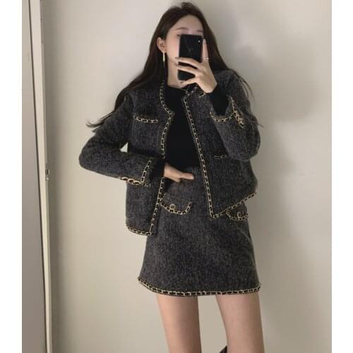 Autumn Winter Women Korean Wool Blends Two Piece Set Women Elegant O-neck Slim Black Jacket + Bodycon Skirt Suit Ladies Outfits