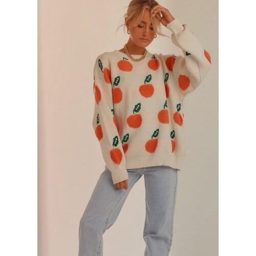 Women Loose Knit Sweater, Adults Casual Orange Pattern Long Sleeve Round Neck Pullover