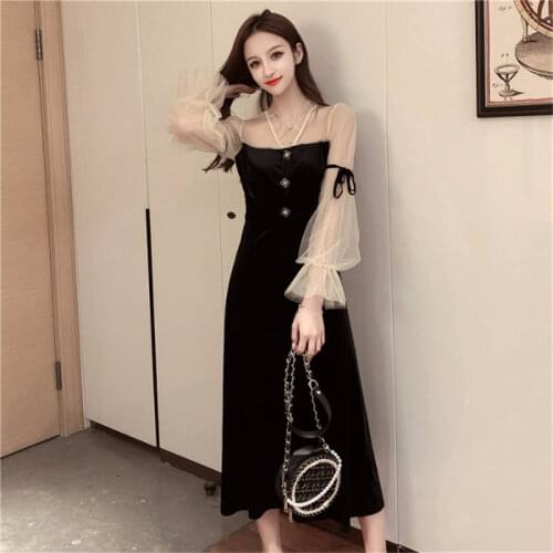Women Elegant French Vintage Black Dress New Spring Fashion Patchwork Flare Sleeve V Neck Midi Dress Retro A Line Party Dress
