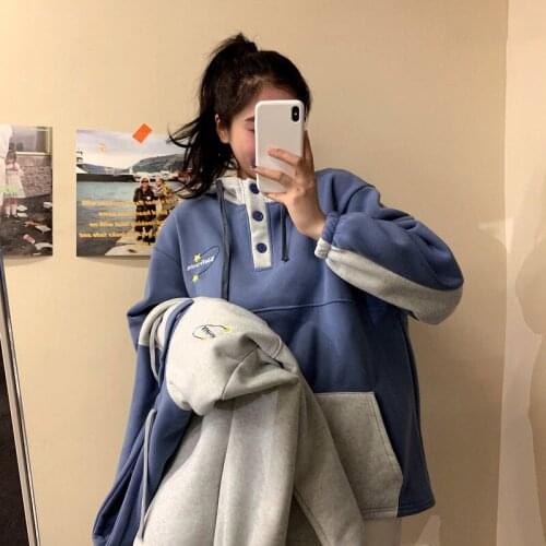 Winter thick hoodie Korean loose sweatshirt new button jacket large size all-match blouse women stitching ladies clothes