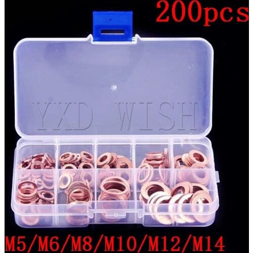 200Pcs Copper Washer Gasket Nut and Bolt Set Flat Ring Seal Assortment Kit With Box M5/M6/M8/M10/M12/M14 For Sump Plugs