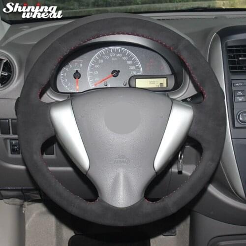 BANNIS Black Suede Red Thread Car Steering Wheel Cover for Nissan Tiida Sylphy Sentra Versa Note 2014-2017
