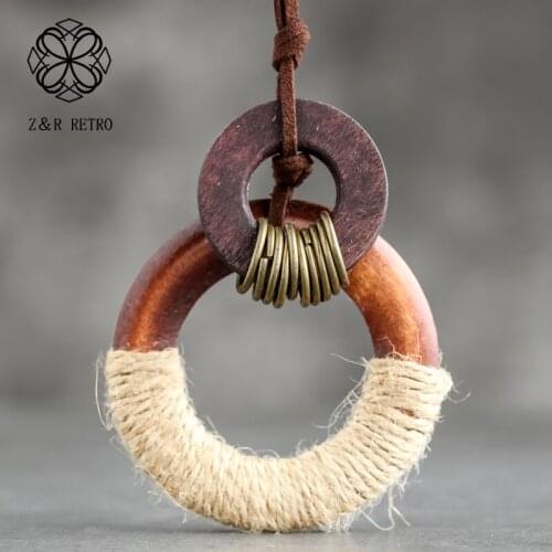 Wood Necklace Jewelry Handmade Metal Zinc Alloy Neck Necklace Vintage Wooden Long Chain Necklace Best Friend Pendant Suspension