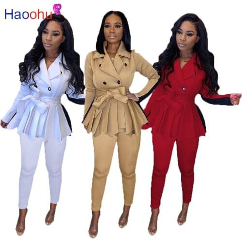 HAOOHU Womens Set Pleated Blazer Ruffle Tops Legging Pants Set Office Lady Tracksuit Fitness Two Piece Set Outfit