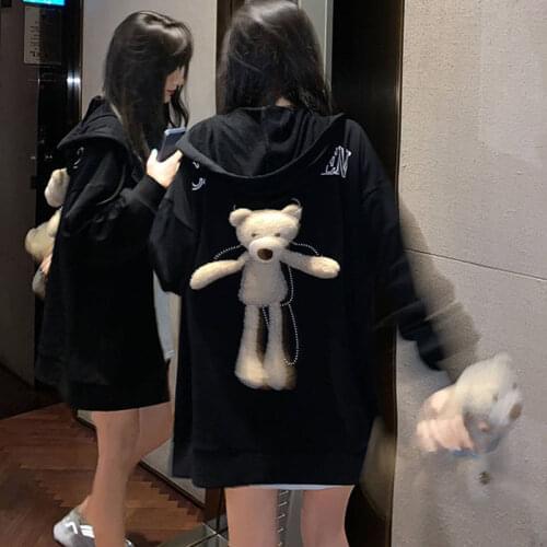 HOUZHOU Autumn Korean Fashion Kawaii Black Hoodie Harajuku Cute Oversize Zipper Preppy Style Bear Casual Sweatshirt Women Thin
