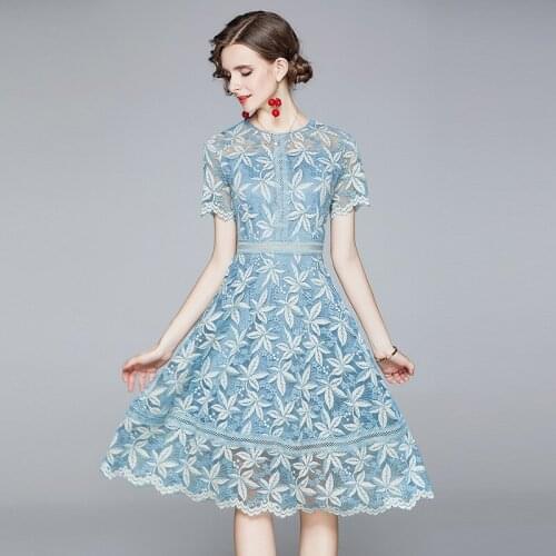 JSXDHK High Quality New Womens Lace Dress Elegant Summer Flower Print Hollow Out O Neck Dress Fashion Short Sleeve Blue Vestido