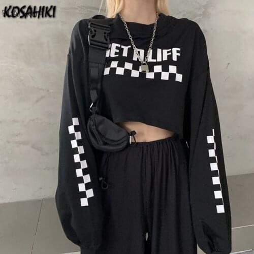 KOSAHIKI Streetwear Letter Print Loose Women Crop Top Casual Harajuku Long Sleeve Tee Shirt O Neck Korean Chic Mujer Camisetas