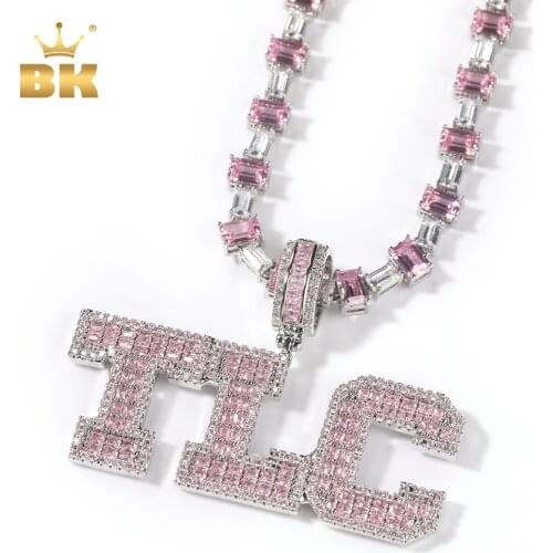 THE BLING KING Custom Baguette Name Pendant With Pink CZ Heart Tennis Chain Iced Out Personalized Name Necklace Hiphop Jewelry