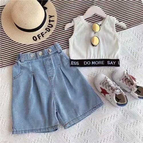 Girls Summer Suit 2021 New Little Girl Summer Vest Korean Style Denim Wide Leg Pants Two-Piece Trend