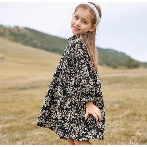 Autumn Spring Vintage Dress For Girls Fashion Floral Print Soft Cotton Mid Length Gowns Children Daily Casual Dresses 2-12Y